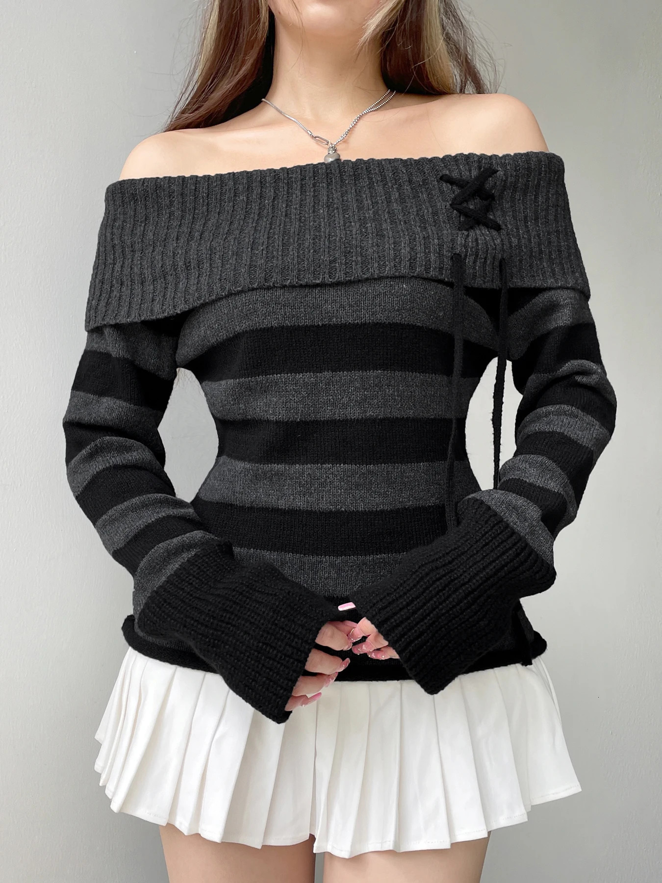 Rockmore Elegant Offshoulder Striped Sweater Famale Laceup Patchwork Long Sleeve Pullovers Vintage Basic Chic Tops Streetwear 250103