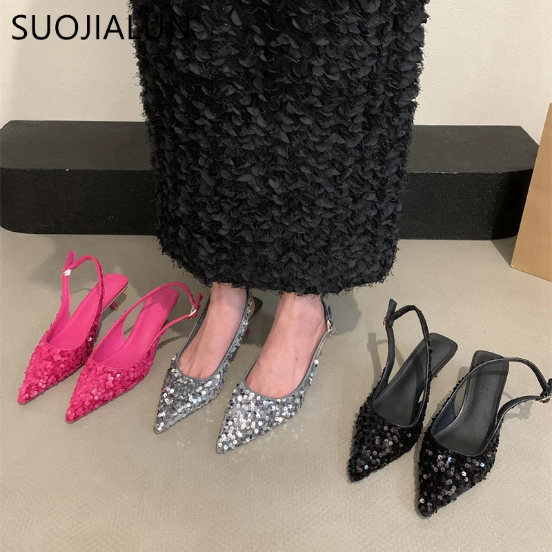 SUOJIALUN Bling Women Sandal Fashion Pointed Toe Shallow Slip On Ladies Elegant Slingback Shoes Med Heel Pumps Shoes 250106