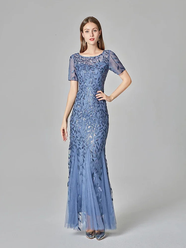 Plus size womens evening dress with fish tail short sleeved lace decal chiffon patchwork personalized long party evening dress 250103
