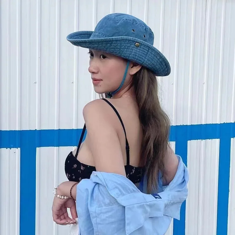2025 Blue Cowboy Hiking Bucket Hats with String Men Denim Beach Sun Hat for Women Outdoor Couple Bob Panama Summer Fisherman Cap 250106