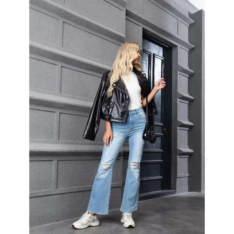 Women's Wear Street Pants New High Waisted Slim And Perforated Flared Jeans For Women