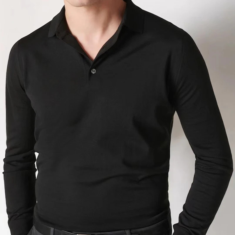 Handmade Winter Cashmere Solid Color Mens Casual Long Sleeve Knitted Polo Shirt 250103
