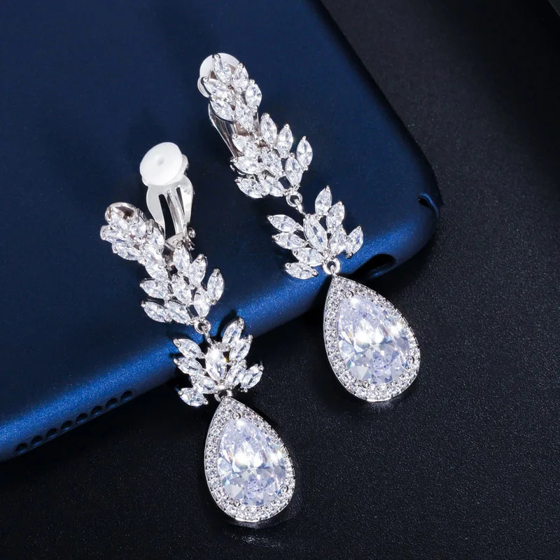 ThreeGraces Elegant Shiny Cubic Zirconia Leaf Shape Long Dangle Drop No Hole Clip On Earrings Non Pierced Ears Jewelry EJ0040 250103