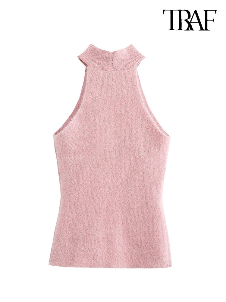 TRAF Womens Fashion Sweet Faux Pearl Embellished Pink Pullover French Sexy Sleeveless Strapless Design Slim Sweater Ladylike 250103