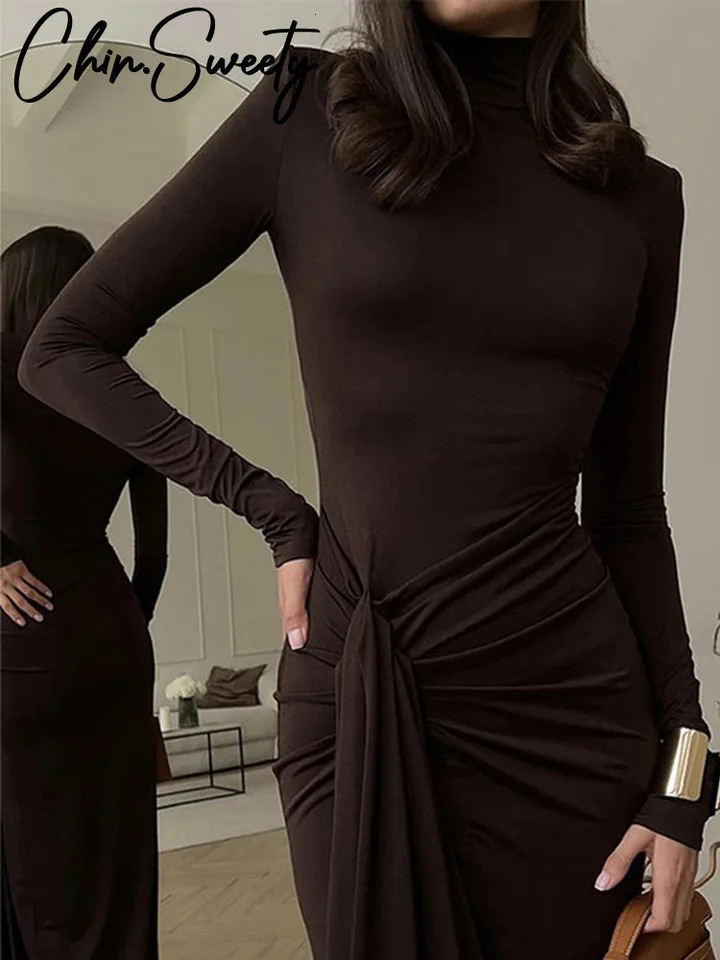 Turtleneck Thigh High Split Sexy Maxi Dress For Women Slim Full Sleeve Bodycon Long Lady Evening Robes 250103