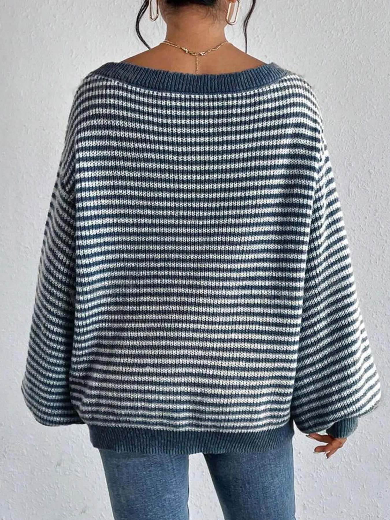 Autumn and winter womens line collar drop shoulder sleeve all matching pullover loose temperament striped knitwear 250103
