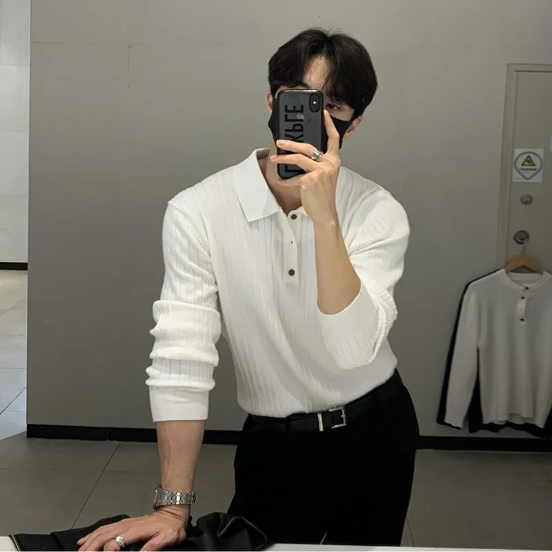 Autumn clothing mens fashion knitted long sleeved polo shirt lightweight solid color premium lapel casual Pullover Knitwear 250103