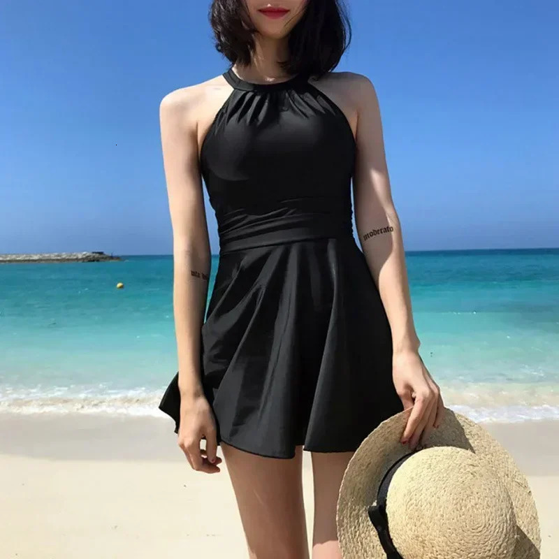 Onepiece Swimsuit Female Skirt Type Bellyshading Thin Backless Hollow Sexy Solid Color Vacation Spa 250106