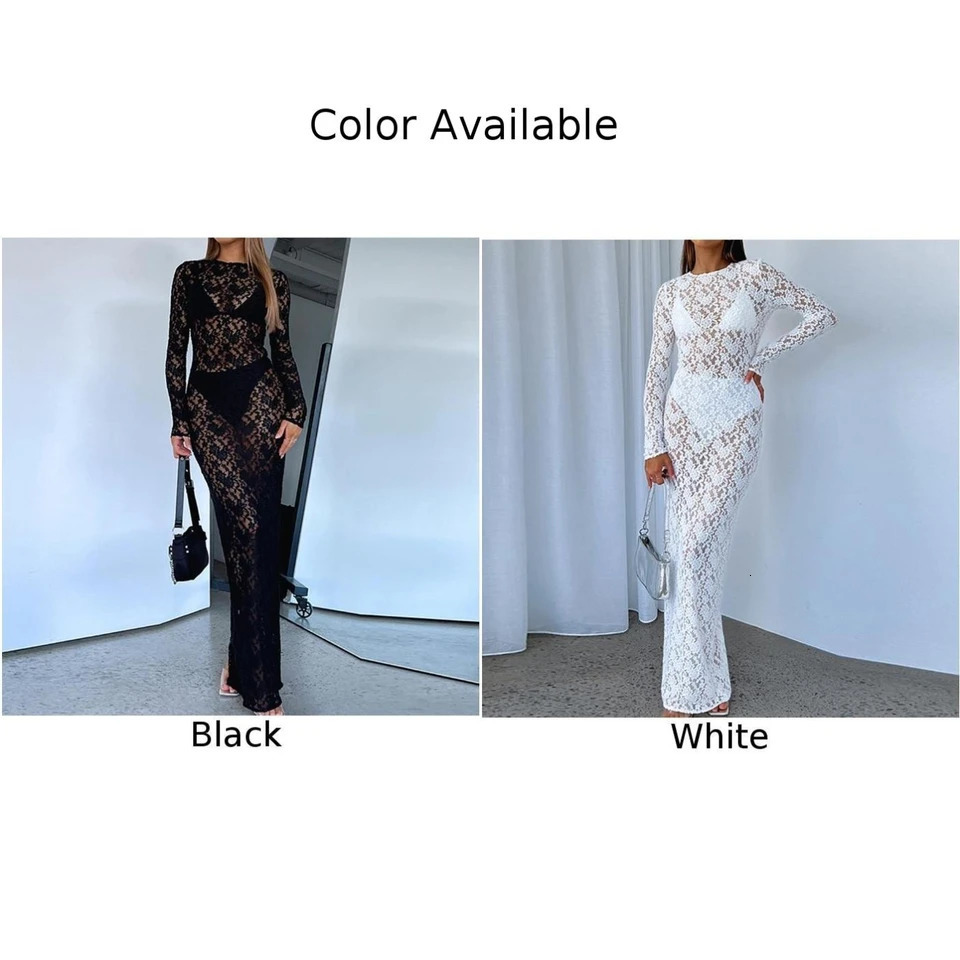 Women Print Lace Long Sleeve Comfortable Sexy Bodycon See Through Breathable Maxi Hollow Out Solid Color Dress Party Y2K Lady 250103