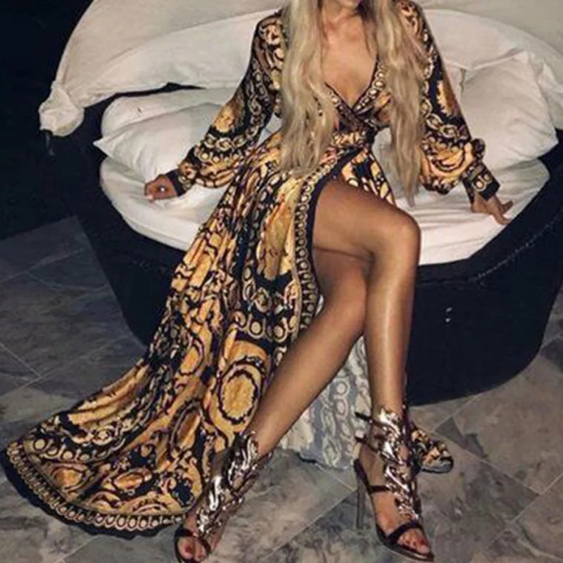 Womens Bohemian V-neck Printed Sundress Summer Loose Party Beach Holiday Casual Long Dress 250103