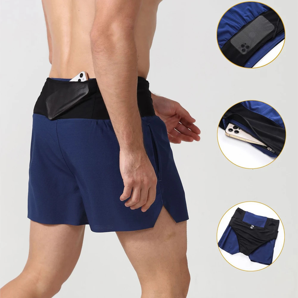 Mens Running Shorts Marathon Breathable Quick Dry Double Layer Sport Hight Waist With Back Zipper Pocket Workout Jogging 250103