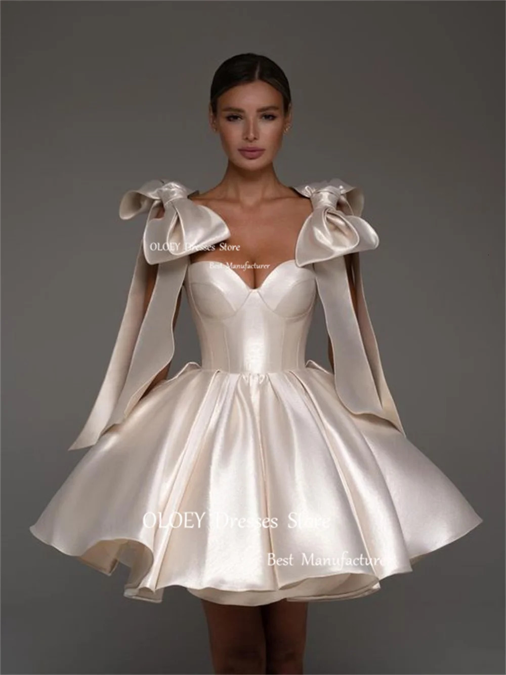 OLOEY Sexy Sweetheart Mini Ball Cocktail Dress Ribbon Bow Sleeve Folded Satin Evening Dress Customized Wedding Party Dress 250103