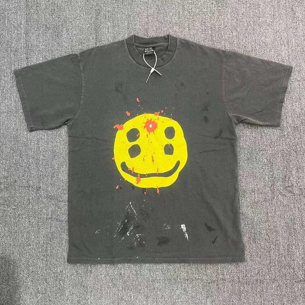 Washing water, splashing ink, smiling face, loose T-shirt, summer trend, short sleeved T-shirt for men and women, couple style, trendy