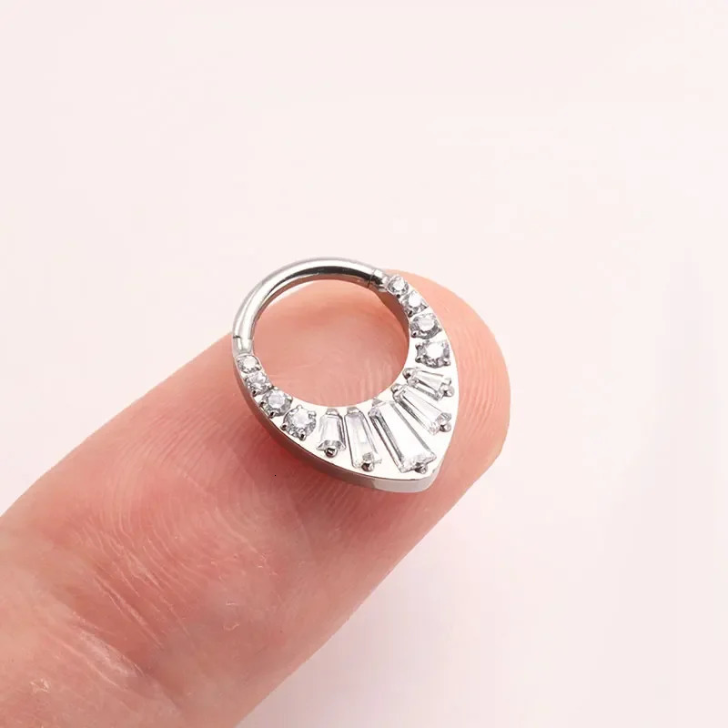 ASTM F136 Teardrop Hinged Piercing Septum 16G Nose Ring Clicker Ear Daith Helix Grand Tiara CZ ious Body Jewelry 250103