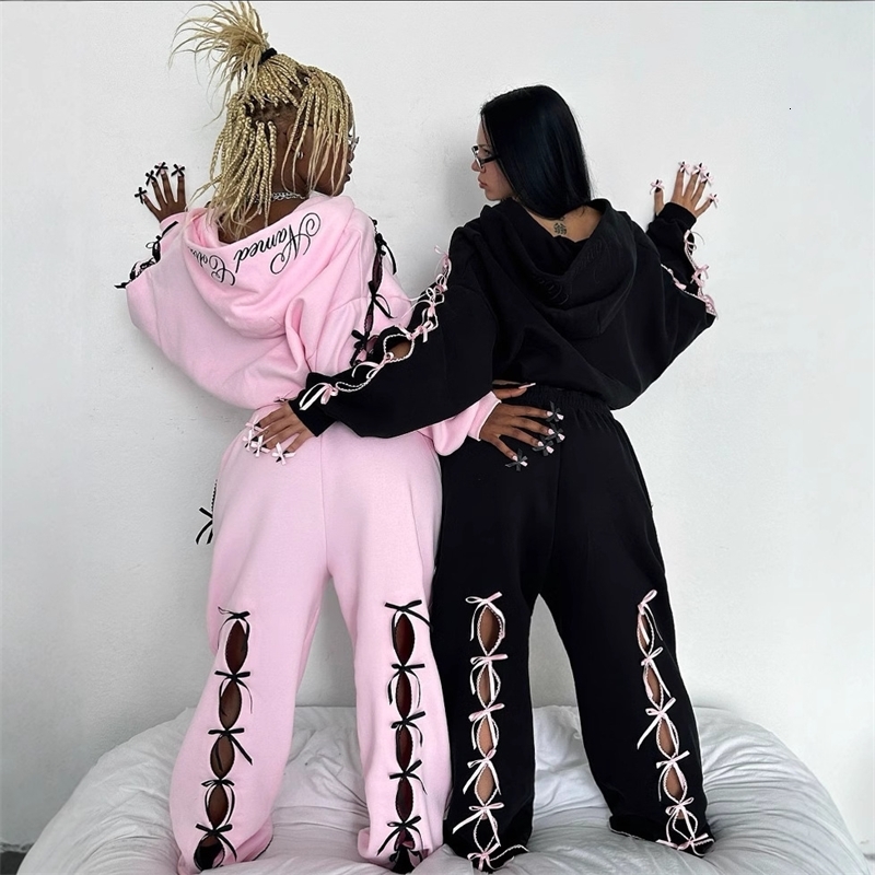 Women Tracksuits 2025 New Fleece Suit Sweatshirt Sports Pants Casual Hollow Letters Street Youth Plus Fleece Sweatpants Sports