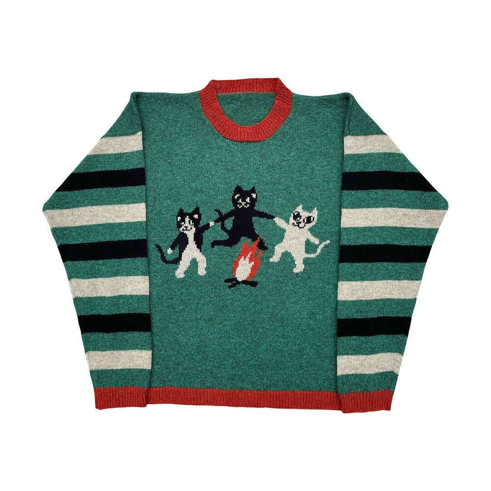 Ins knitted animal pattern jacquard round neck long sleeved high street loose sweater y2k