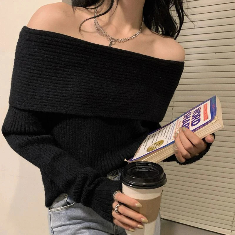 Apricot Slant Neck Knitted Sweater Women Sexy Off Shoulder Long Sleeve Pullover Fashion Elegant Thicken Slim Fit Jumpers Top 250103