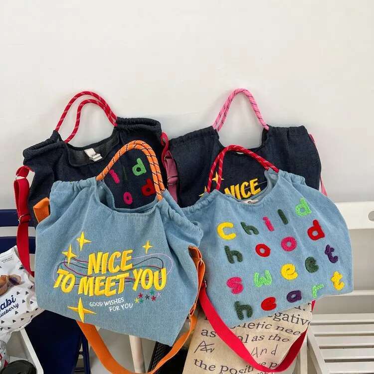 Large embroidered letter crossbody for women, casual denim cloth bag, large capacity canvas tote bag