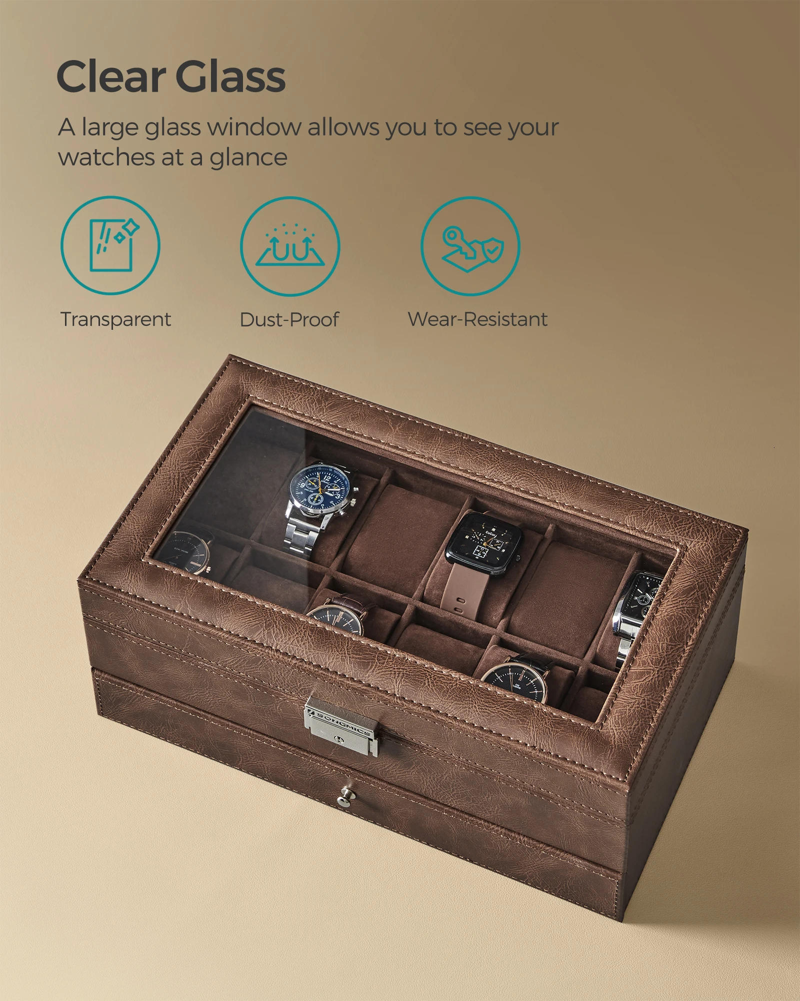 SONGMICS 12 slot watch box lockable watch box with glass cover 2 layers with 1 drawer used for rings and bracelets 250102