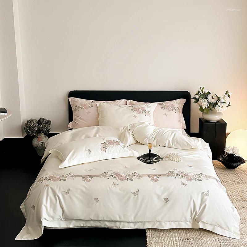 Bedding Sets 1000TC Egyptian Cotton Vintage Rose wers Butterfly Embroidery Set Duvet Cover Bed Sheet/Fitted Sheet Pillowcases 4Pcs