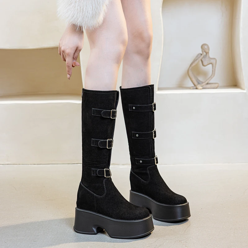 AIYUQI High Heel Female Rider Boots Fall Platform Women's High Boots Belt Buckle Internal Booster Boots Ladies