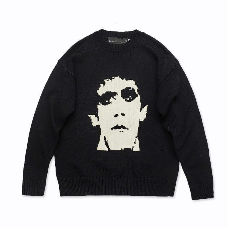 New melancholic second-generation cartoon portrait color blocked trendy men's and women's loose round neck knitted lazy sweater