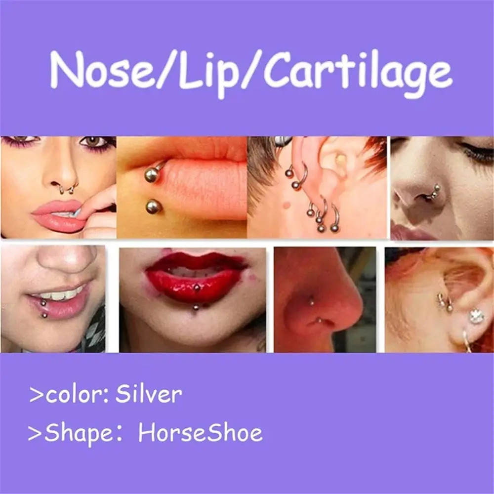 Wholesale 100PCS/Lot Steel Nose Ring Hoop Nostril Piercing Septum Ring Horseshoe Nose Ring Body Jewelry 20G 16G 250103