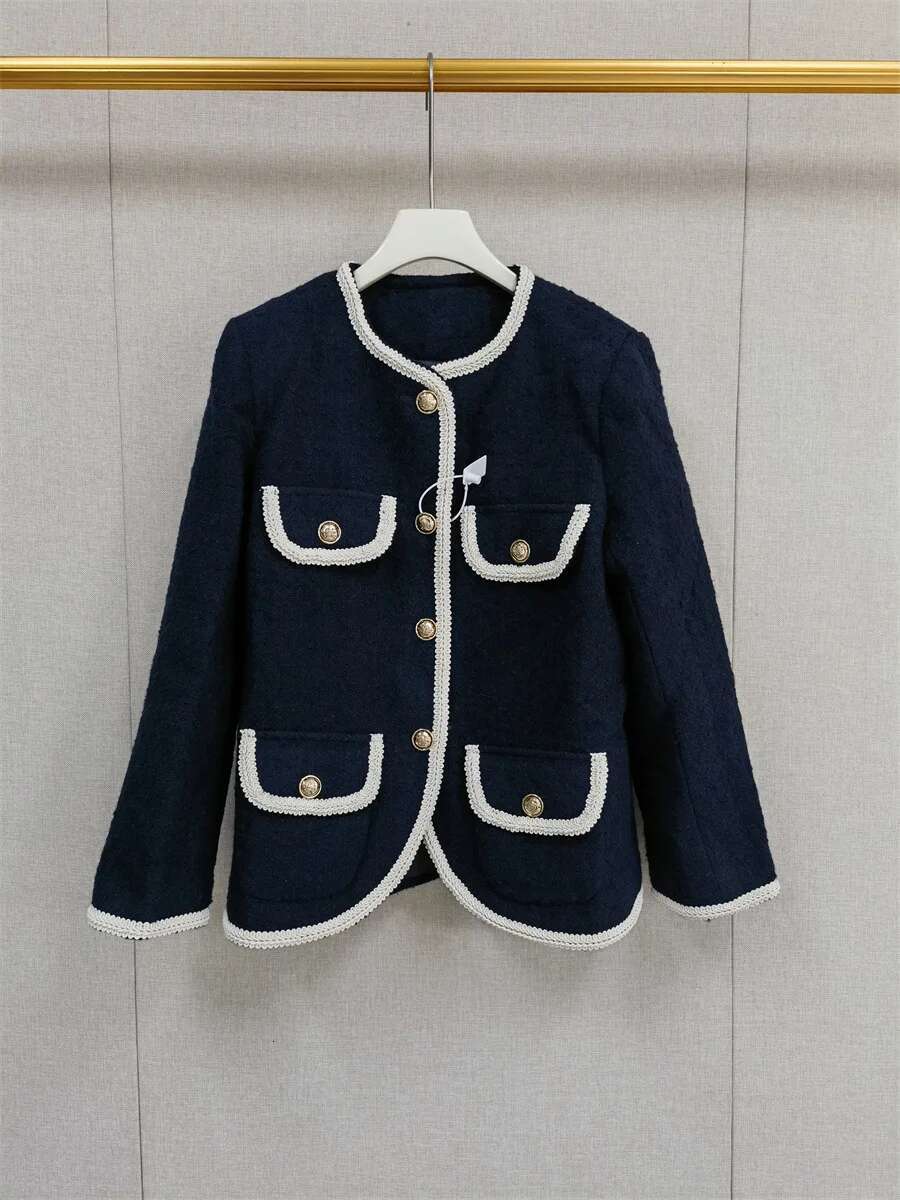 Ladies Single-Breasted Long Sleeve Jacket Outwear Tops Women Retro Contrast Color Trim Tweed Coat 2024 Autumn Winter