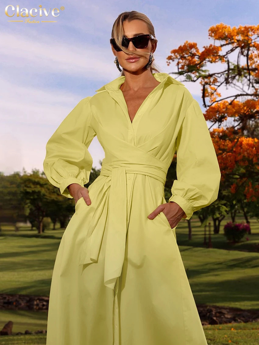 Clacive Fashion loose yellow cotton womens dress 2025 casual lapel long sleeved midi dress elegant classic lace dress 250103