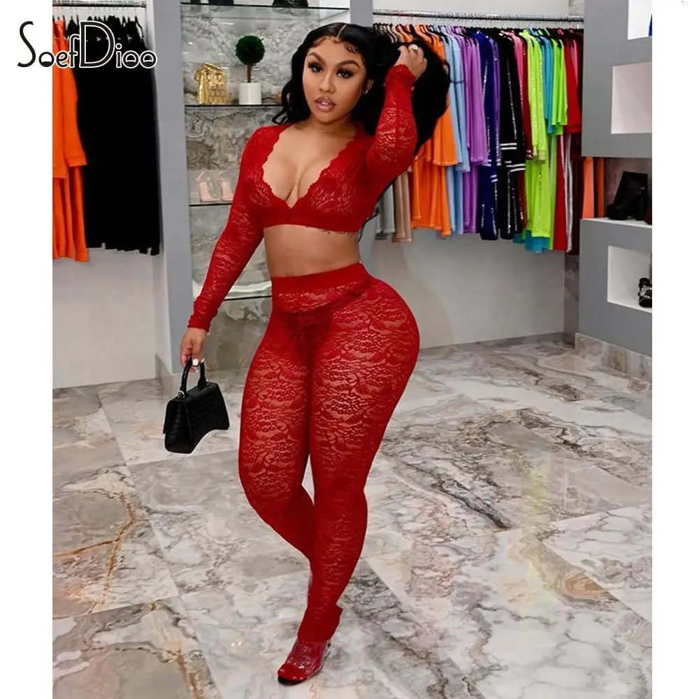 Soefdioo Sexy Lace 2 Piece Set Women Fashion Long Sleeve Crop Tops and Pants Matched Summer Night Party See Through Outfits 250106