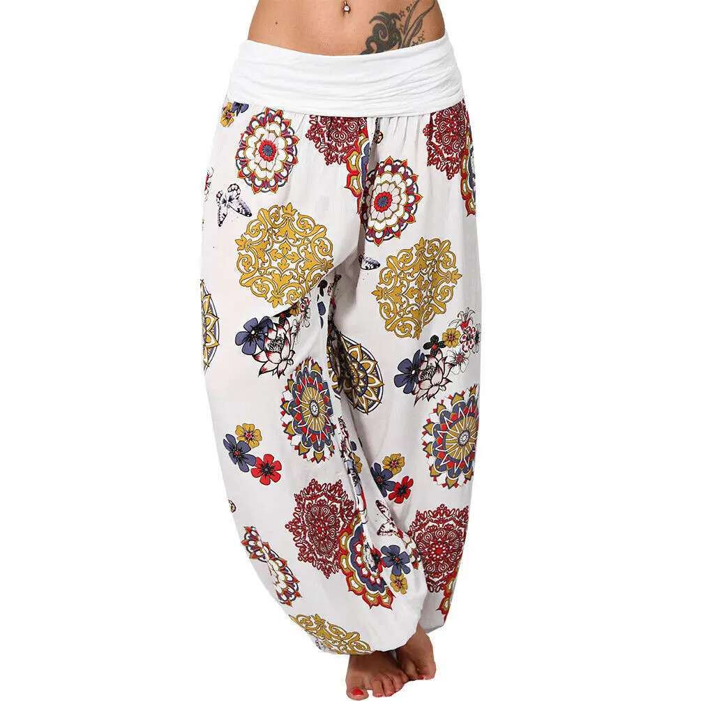 Summer Womens Fashion Floral Print Long Wide Leg Pants Elastic Waist Haren Casual 250106