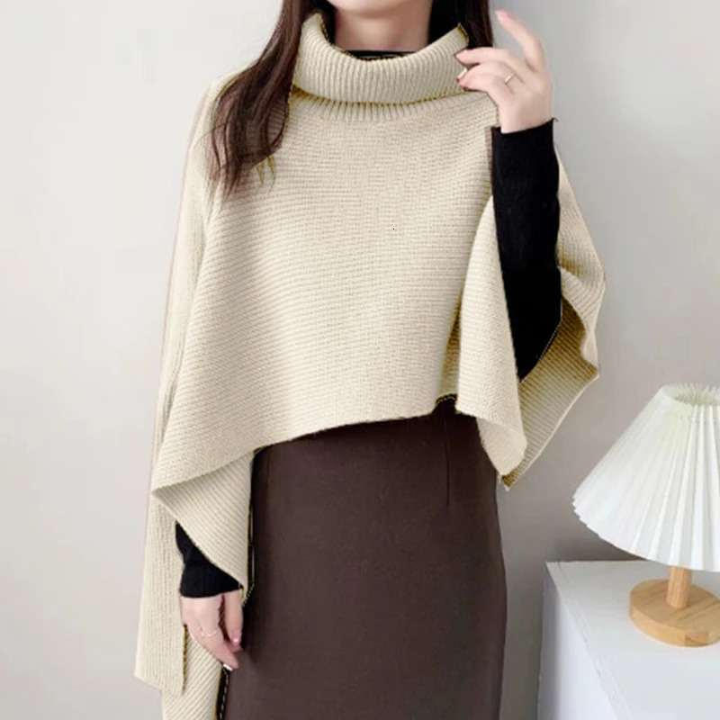 Winter Irregular Vintage Turtleneck Knitted Cape Pullover Women Casual Knitwear Solid Basic Elegant Top Cloak Sweater 250103