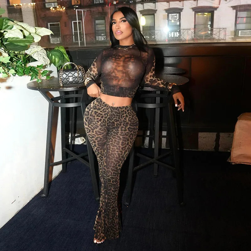 Cheetah Print Women 2 Piece Set Matching Long Sleeve O-Neck Crop Tees and High Waist Slim Pants Leopard Sets Sexy Female Outfits 250106