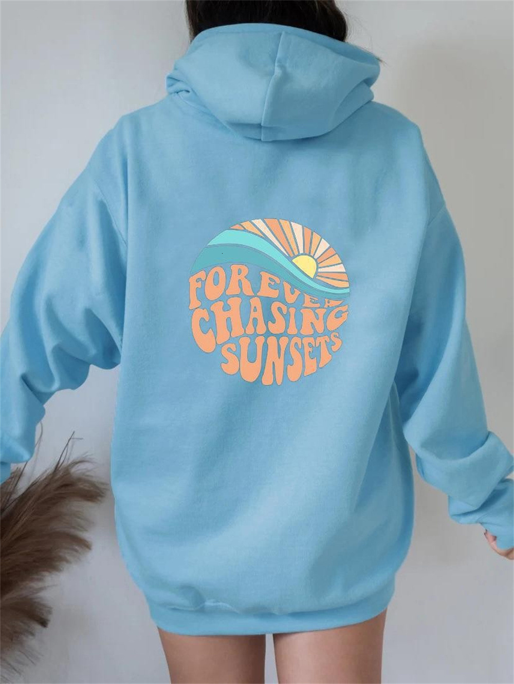 2024 American Velvet Always Chases The Sunset Kangaroo Pocket Drawstring Printed Hoodie
