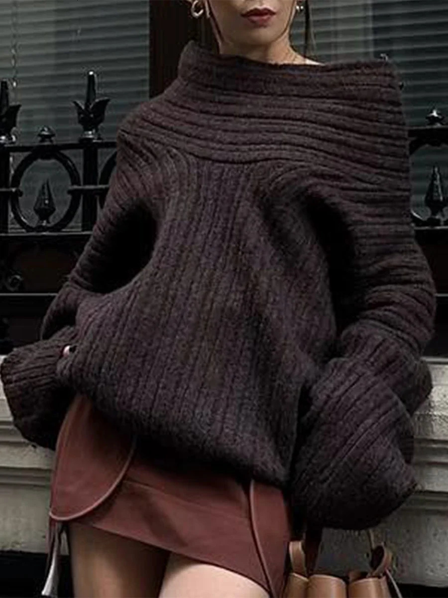 Women Loose Knit Autumn Winter Warm Sweater Solid Color Long Sleeve Boat Neck Off Shoulder Pullovers Female Jumpers Tops Coat 250103