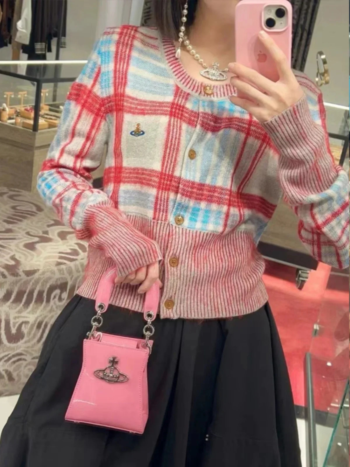 High Quality Fashion Punk Style Cardigan Slim Fit Sweater Warm Winter Clothes Planet Embroidery Plaid Knitwear Outerwear Women 250102 - view 4