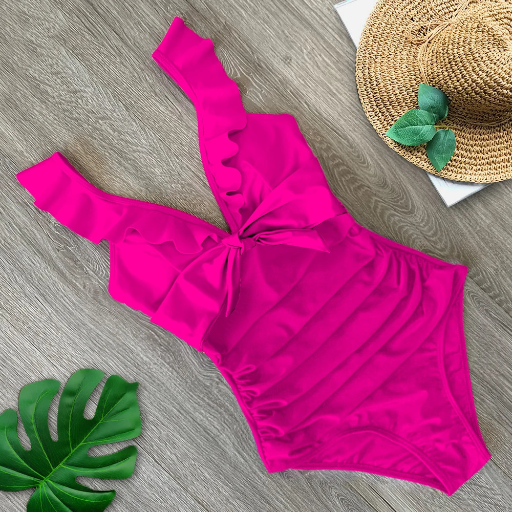 Sexy Ruffle One Piece Swimsuit Off The Shoulder Swimwear Women DeepV Bathing Suits Beach Wear Swim Suit 250106