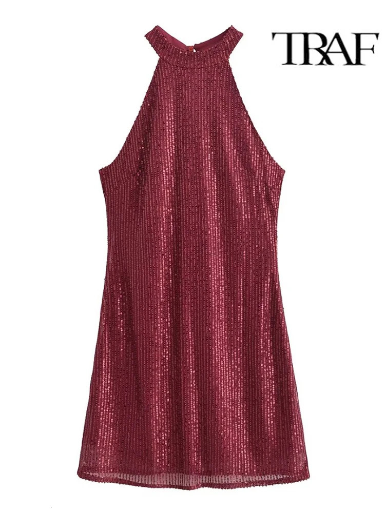 TRAF Womens Fashion Glitter Mini Dress 2025 Sexy Backless Evening Dress Elegant Womens Clothing 250103
