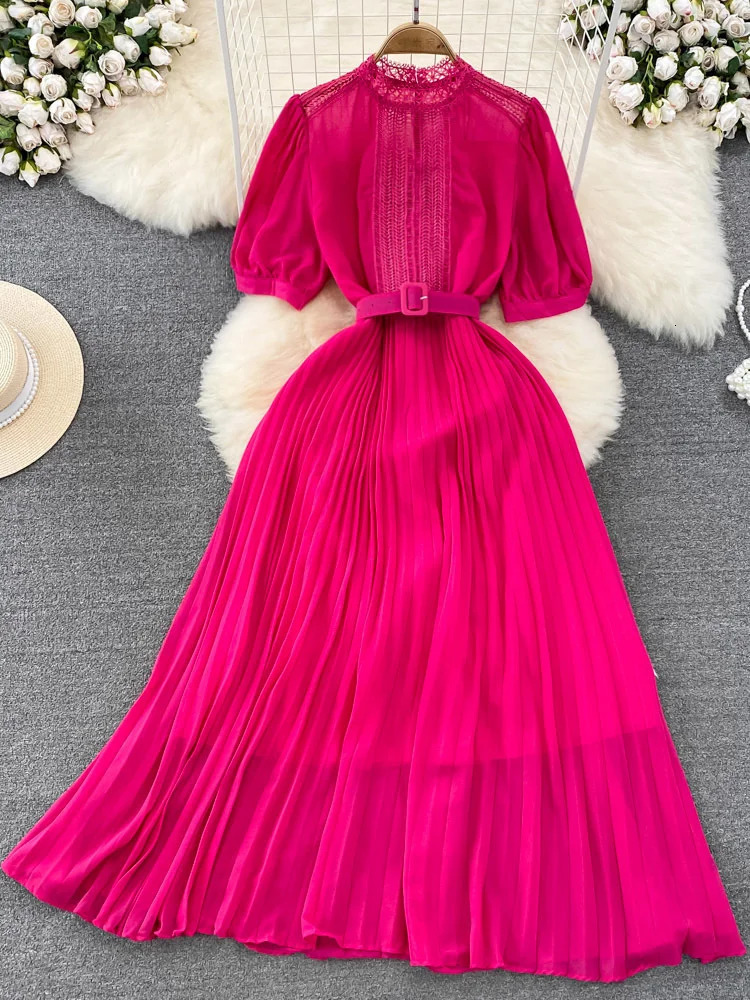 XFPV Elegant Dress Women Lace Belt Short-sleeved Back Zip Pleated Chiffon A-line Vestido Female 2025 Summer Fashion SM7598 250103