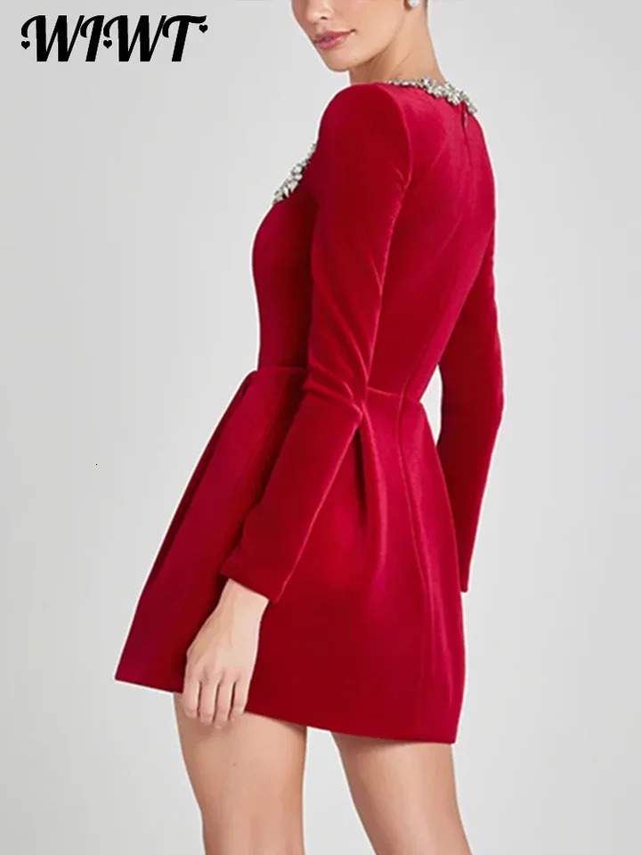 Ultra thin rhinestone square neck dress for women elegant velvet long sleeved A-line mini dress 2025 womens party vest 250103