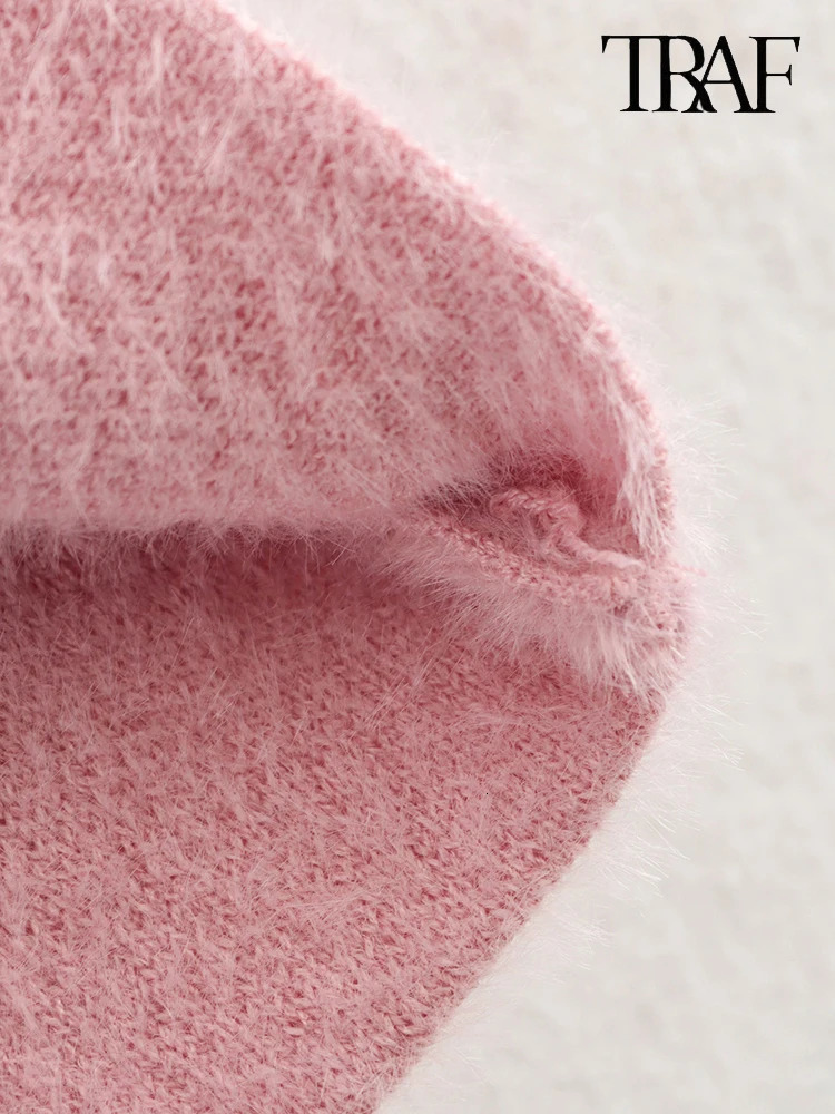 TRAF Womens Fashion Sweet Faux Pearl Embellished Pink Pullover French Sexy Sleeveless Strapless Design Slim Sweater Ladylike 250103