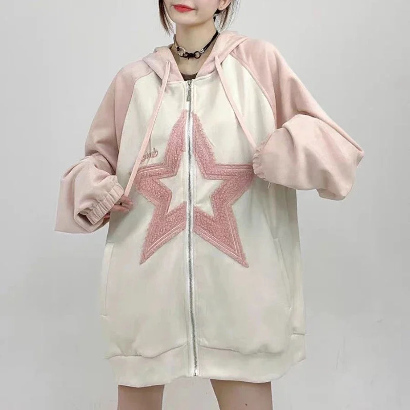 Embroidered Flocking Hoodies Women Clothing High Street Vintage Hip Hop Stitching Zip Up Hoodie Woman Loose Casual Clothes Tops 250106