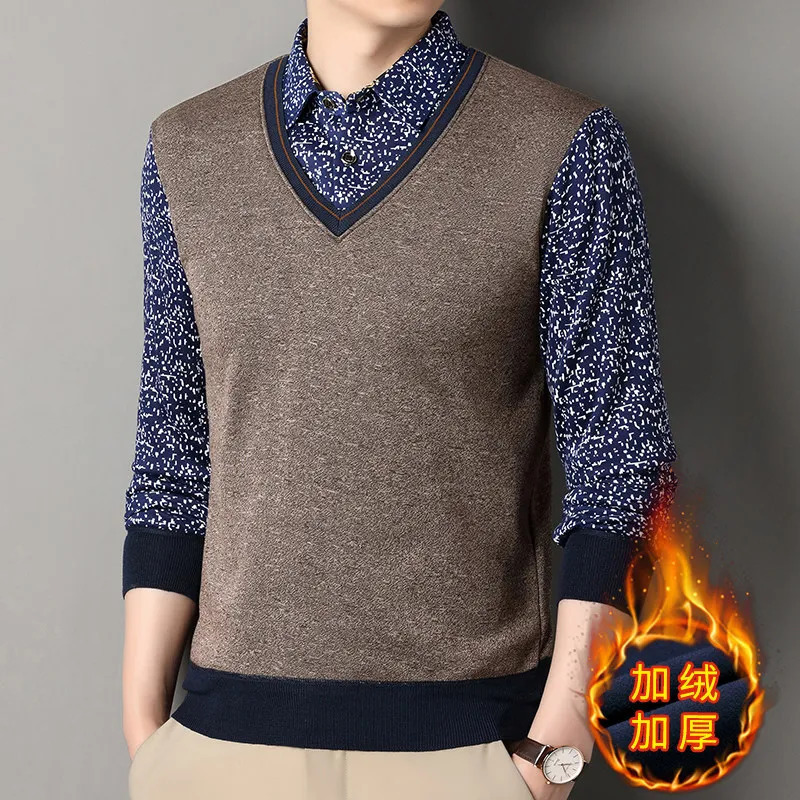 Intelligent leisure autumn mens lapel print two-piece splicing work fashion long sleeved polo shirt knitted top 250103