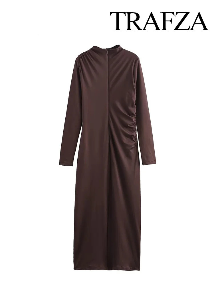 TRAFZA Woman Autumn High Street ONeck Long Dresses Sleeve Pleated Decoration Female Solid Back Zipper Mini Dress Trendy 250103