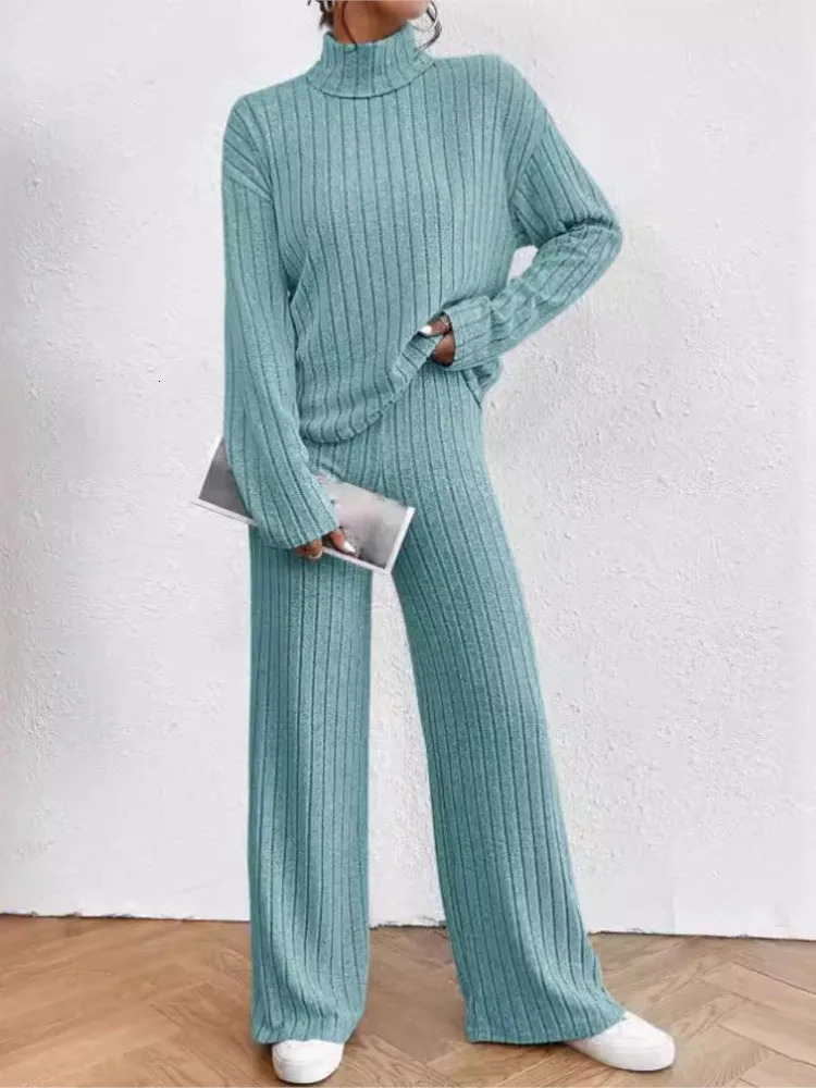 Casual solid color knitted pants set womens long sleeved turtle neck sweater loose mens two-piece set womens autumn and winter style 241230