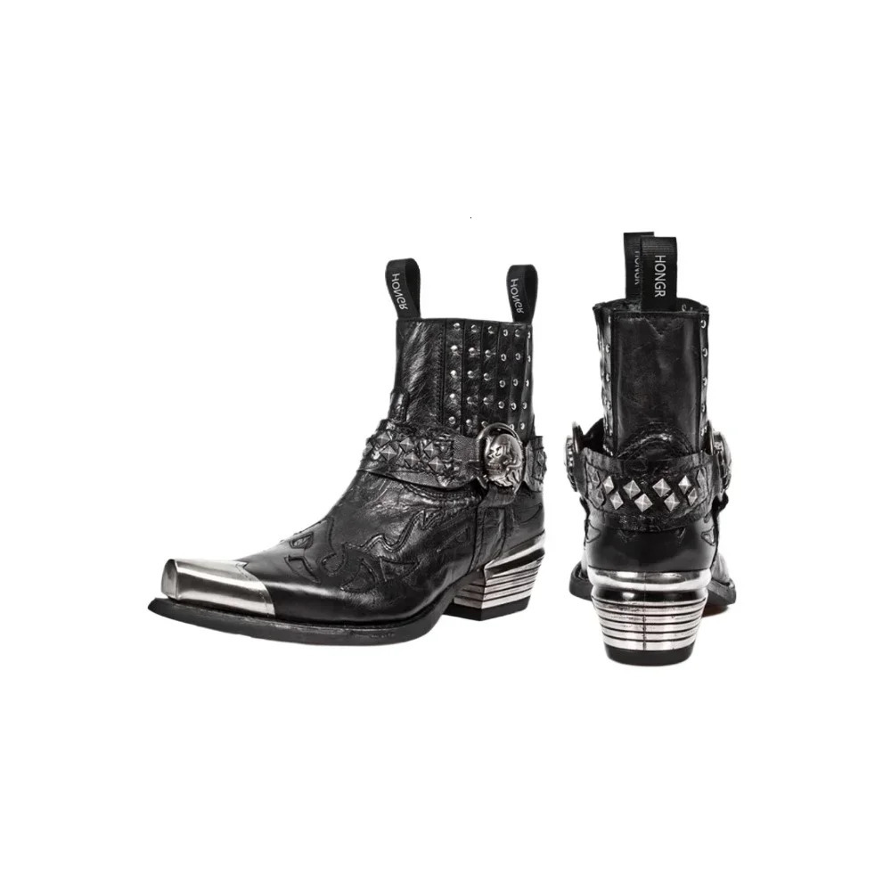 Retro Rivet Metal Decoration Western Cowboy Boots Square Toe Chunky Heel Print Pull On Heavy Work Shoes Punk Chelsea Ankle Boot 250106
