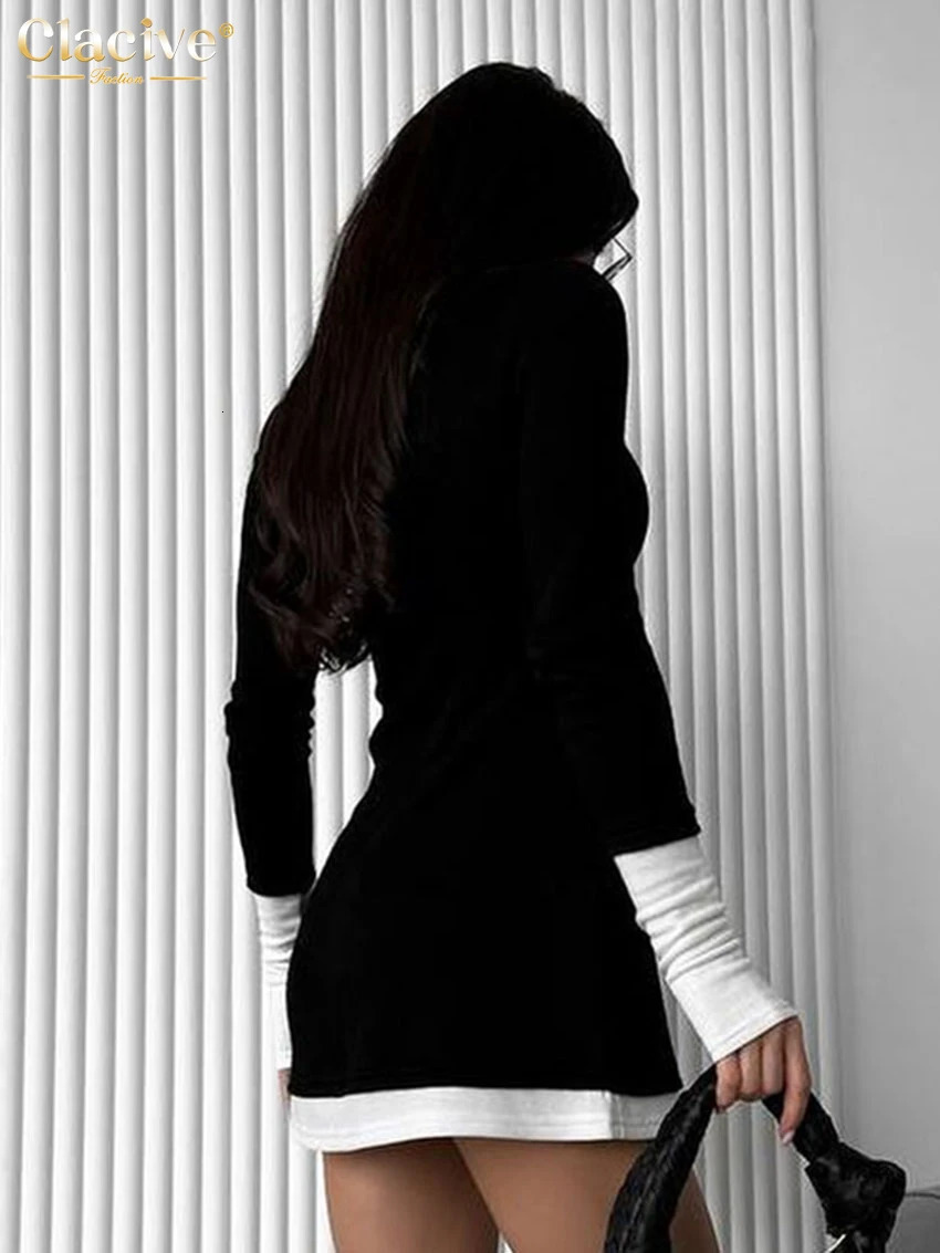 Clacive Bodycon Black Knitted Womens Wear 2025 Fashion O-neck Long Sleeve Mini Dress Elegant Classic Patchwork Womens Wear 250103