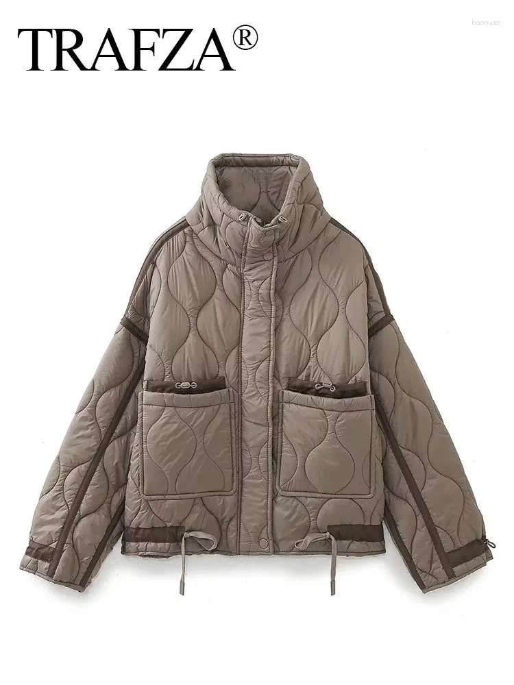 Women's Jackets TRAFZA Women Vintage Solid Quilted Coat Stand Collar Long Sleeve Zipper Jacket Casual Drawstring Pocket Design Winter