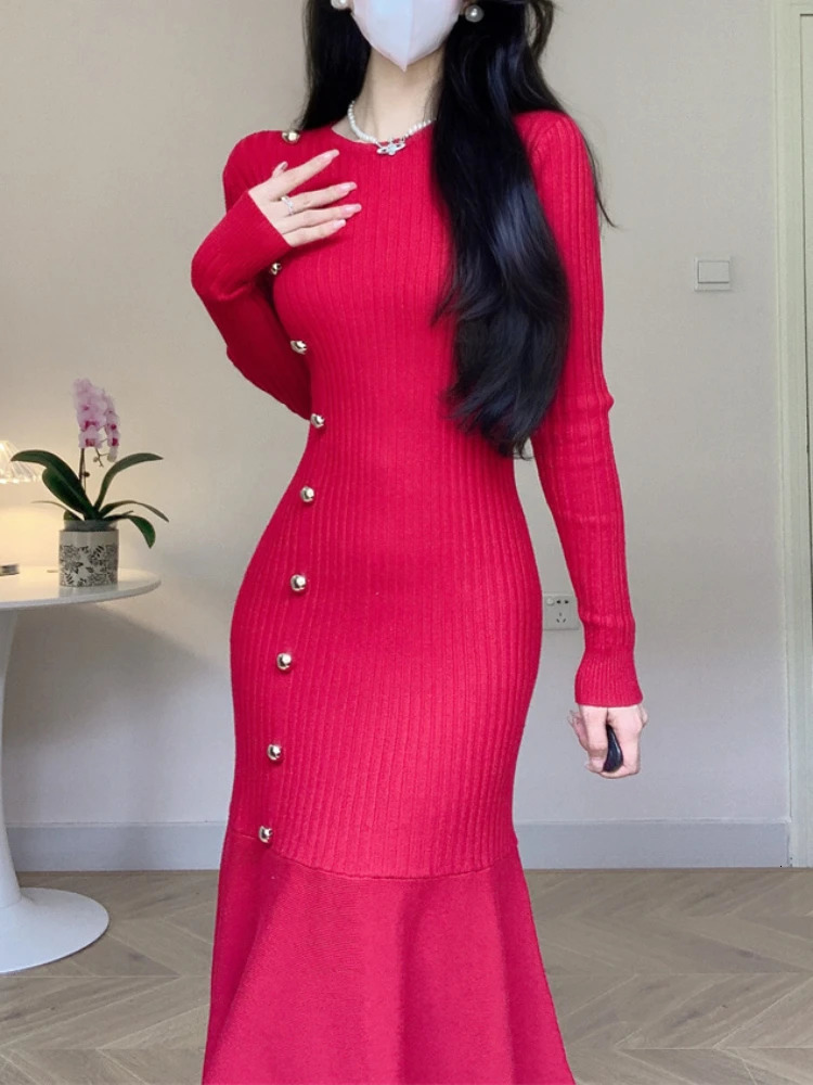 Korean Fashion French Knitted Dress Womens High Waist Fishtail Dress Autumn Winter Long Sleeve Elegant Tight Dress 250103