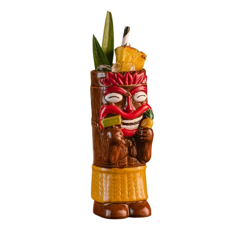 Hawaiian Style Brown Tiki Mug Creative Cocktail Mug Cup Zombie Ceramic Tiki Mug Drinkware Cup Mug For Tiki Bar Party 250106